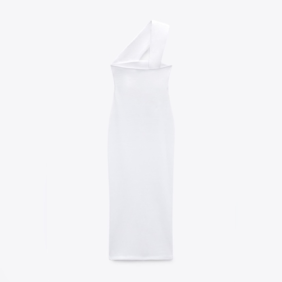 Zara white midi dress cropped one shoulder ribbed cotton fitted bodycon - Picture 15 of 16
